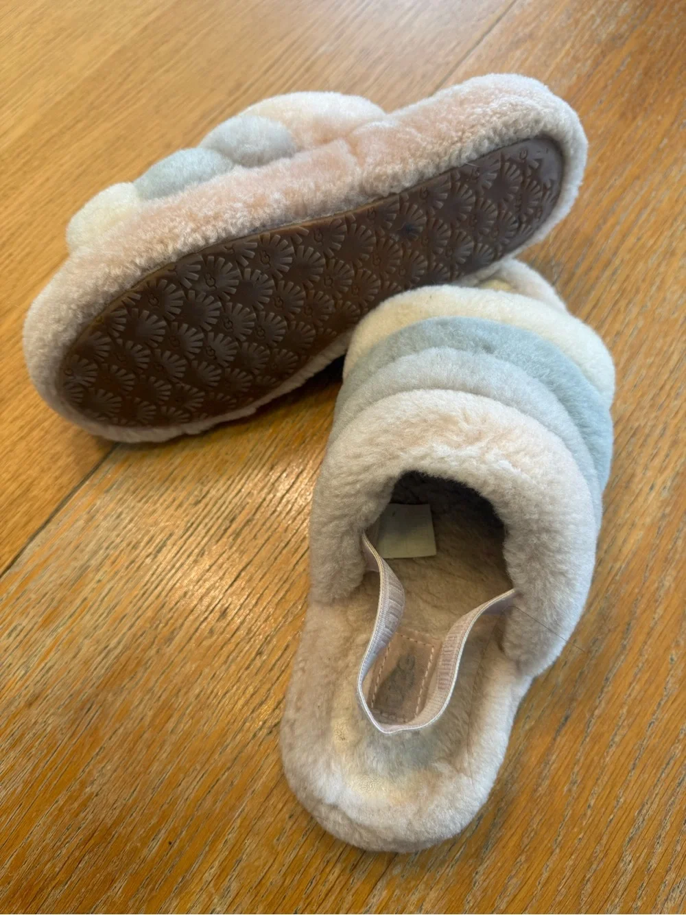 UGG Kids Plush Multi-Band Slide Sandals in Cream and Gray